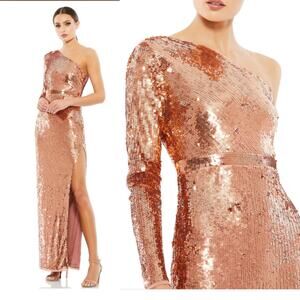 Mac Duggal 10788 Copper Metallic Sequin One Shoulder Column Gown Dress Size 4